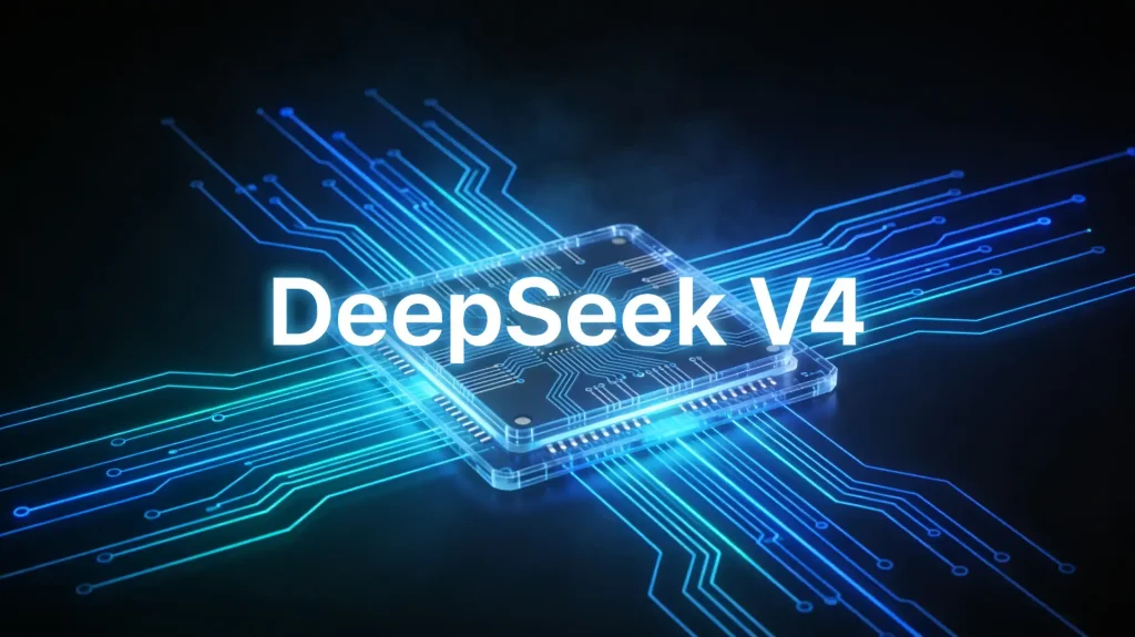 Puce électronique lumineuse illustrant DeepSeek V4 avec des circuits bleus évoquant la puissance de calcul IA.