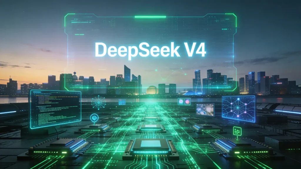 Illustration futuriste de DeepSeek V4, modèle d’intelligence artificielle chinois multimodal, dans un centre de données high-tech à Hangzhou