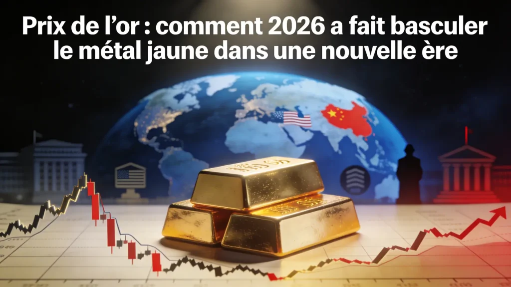 Illustration du prix de l’or en 2026 avec des lingots, un graphique volatil et un globe symbolisant les tensions géopolitiques