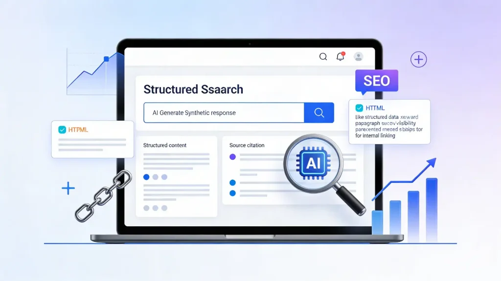 Réponse IA affichée dans une interface de recherche avec contenu SEO structuré