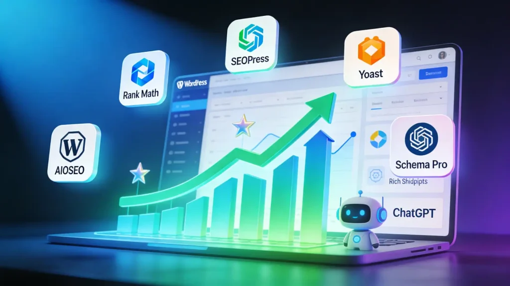 top 5 meilleurs plugins SEO WordPress 2026 avec Rank Math, SEOPress, Yoast - dashboard analytics IA traffic et schema rich snippets