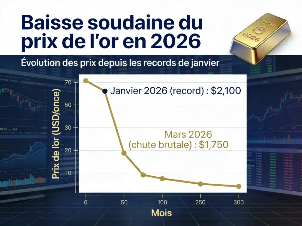 Graphique de laBaisse soudaine de l’or : découvrez l’infographie de la chute du cours de l’or en 2026 après le record de 5 600 $ l’once, avec analyse des niveaux techniques et perspectives sur les 3 prochains mois.r en 2026, avec évolution du prix de l’once d’or entre janvier et mars, affichage des niveaux techniques 5 600 $, 4 400 $ et 4 100 $, sur fond d’écran de trading financier.