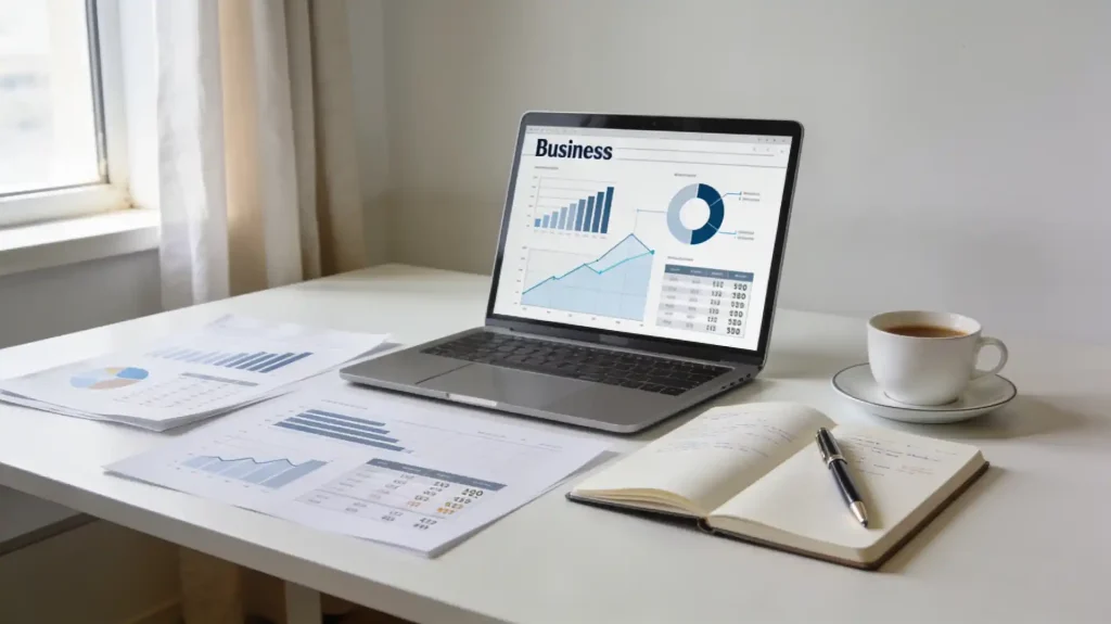 Bureau moderne avec ordinateur portable, documents financiers, graphiques et carnet pour illustrer la création d’un business plan