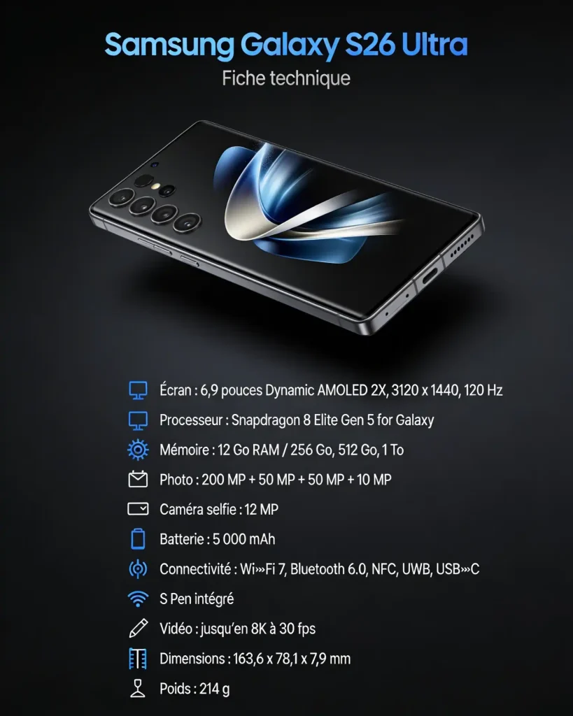 nfographie du Samsung Galaxy S26 Ultra résumant ses principales caractéristiques techniques, de l’écran au module photo en passant par la batterie et la connectivité.