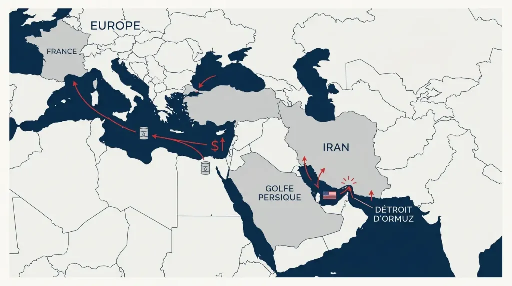 Guerre en Iran : carte minimaliste montrant l’Iran, le détroit d’Ormuz et les routes pétrolières vers l’Europe, avec flèches rouges et indicateur de hausse des prix de l’énergie.