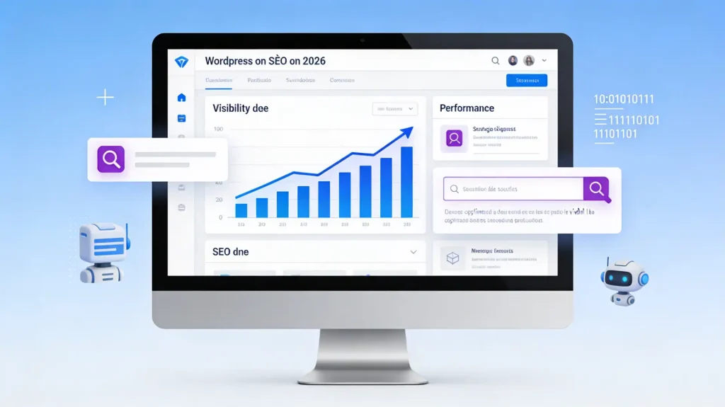 Tableau de bord SEO 2026 montrant la croissance de la visibilité en ligne et l’optimisation d’un site web